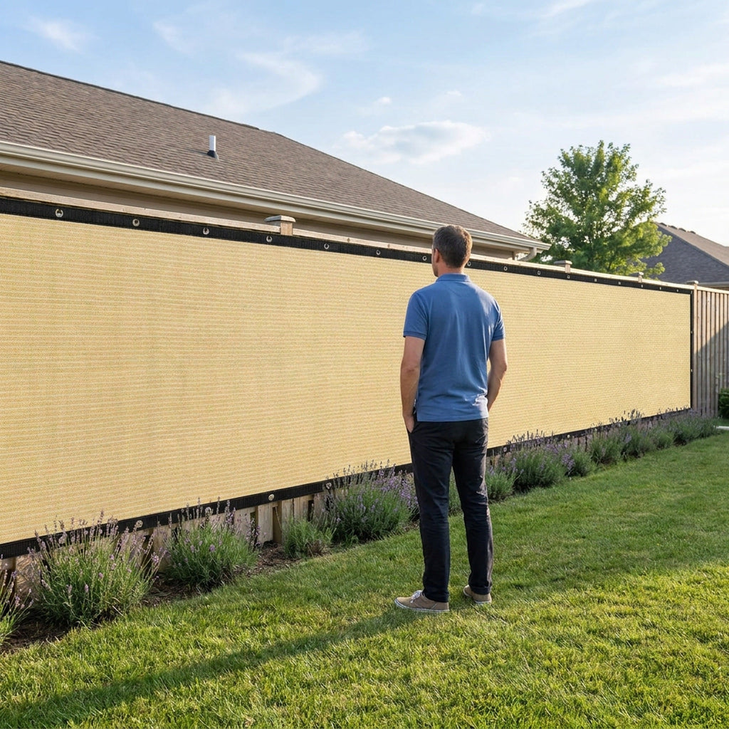 Privacy Fence Screen - 5.9 ft x 49.2 ft Beige Windscreen Mesh, Up to 90% Shade, Grommets on Both Long Edges for Patio, Balcony & Backyard