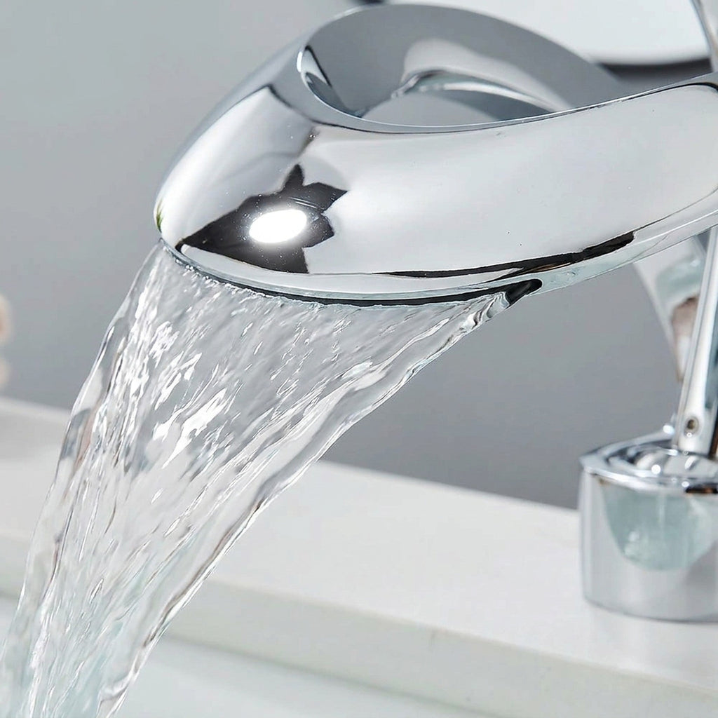 Solid Brass Waterfall Basin Faucet – Single Handle Hot and Cold Mixer Tap for Modern Bathroom Sink Installation