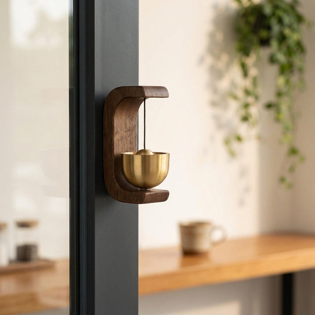 Wooden Doorbell Chime with Brass Bell – Magnetic Shopkeeper's Bell, No Batteries