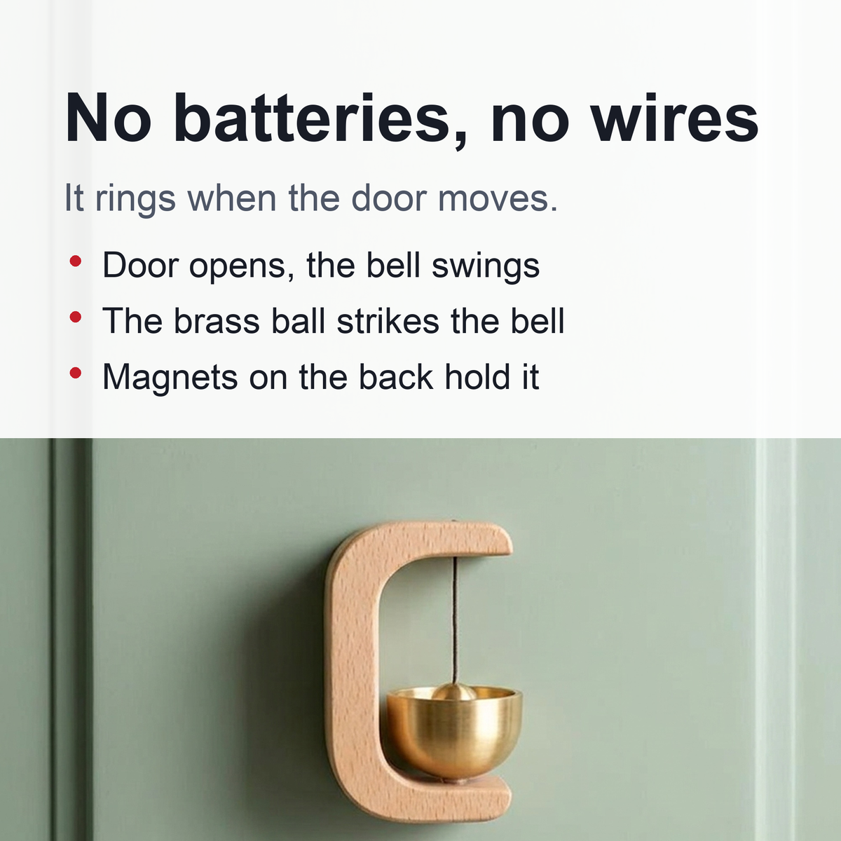 Wooden Doorbell Chime with Brass Bell – Magnetic Shopkeeper's Bell, No Batteries