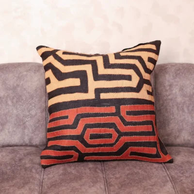 Rafia Maze Pair Cushions 20×20 · Hand-Appliquéd Terracotta, Écru & Charcoal · Set of Two One-of-a-Kind
