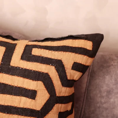 Rafia Maze Pair Cushions 20×20 · Hand-Appliquéd Terracotta, Écru & Charcoal · Set of Two One-of-a-Kind