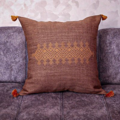 Fassi Embroidered Linen Pillow Cover 20×20 | Chocolate Brown & Amber Moroccan Cushion