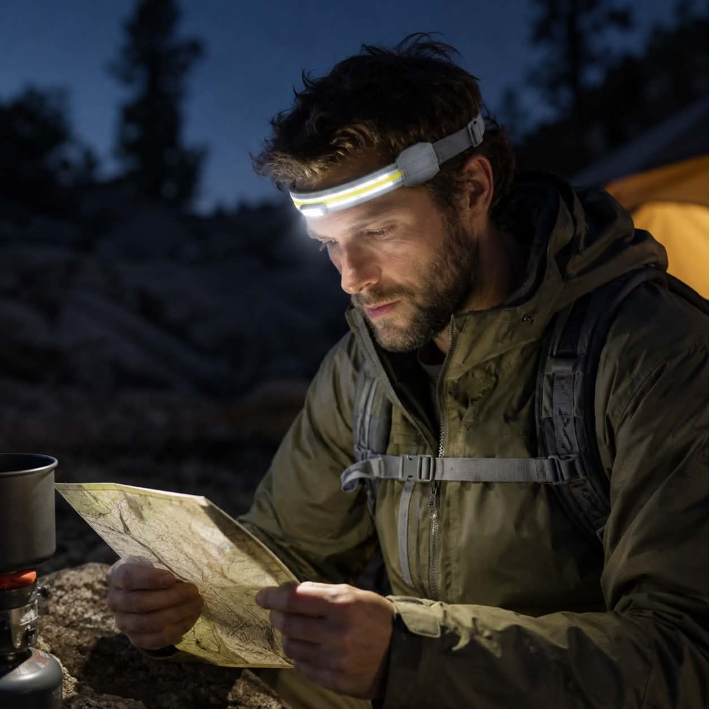 USB Rechargeable COB Headlamp – Portable 1200mah Waterproof LED Flashlight for Camping Fishing and Hands-Free Household Task Lighting with Broad Beam