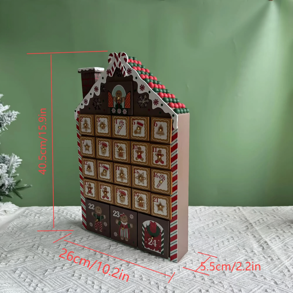LED Advent Calendar made of Wood, Gingerbread House Design