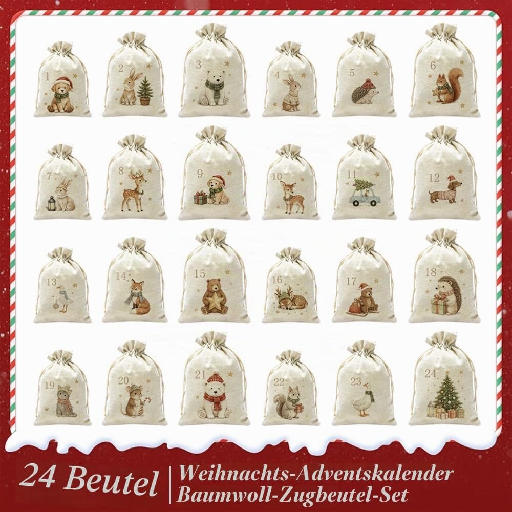 Advent calendar set with 24 cotton-linen bags