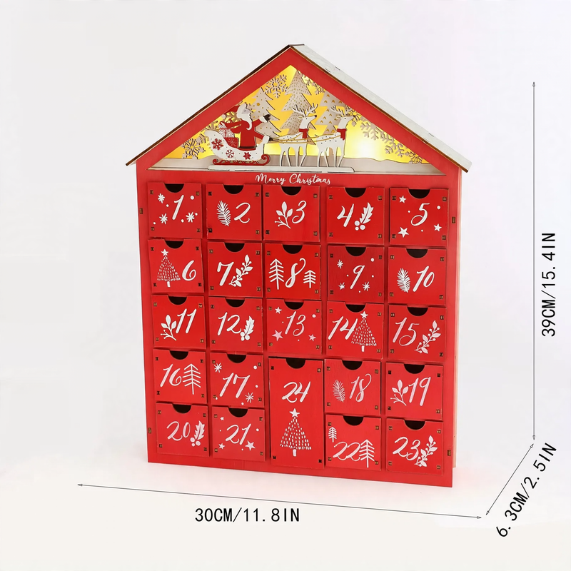 Illuminated wooden Advent calendar in cabin design