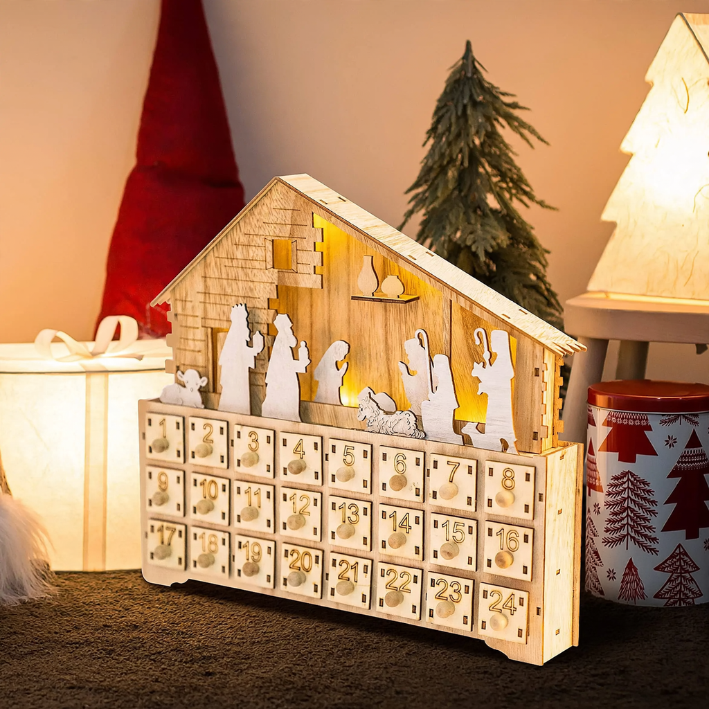 LED Advent Calendar Made of Wood, Nativity Scene