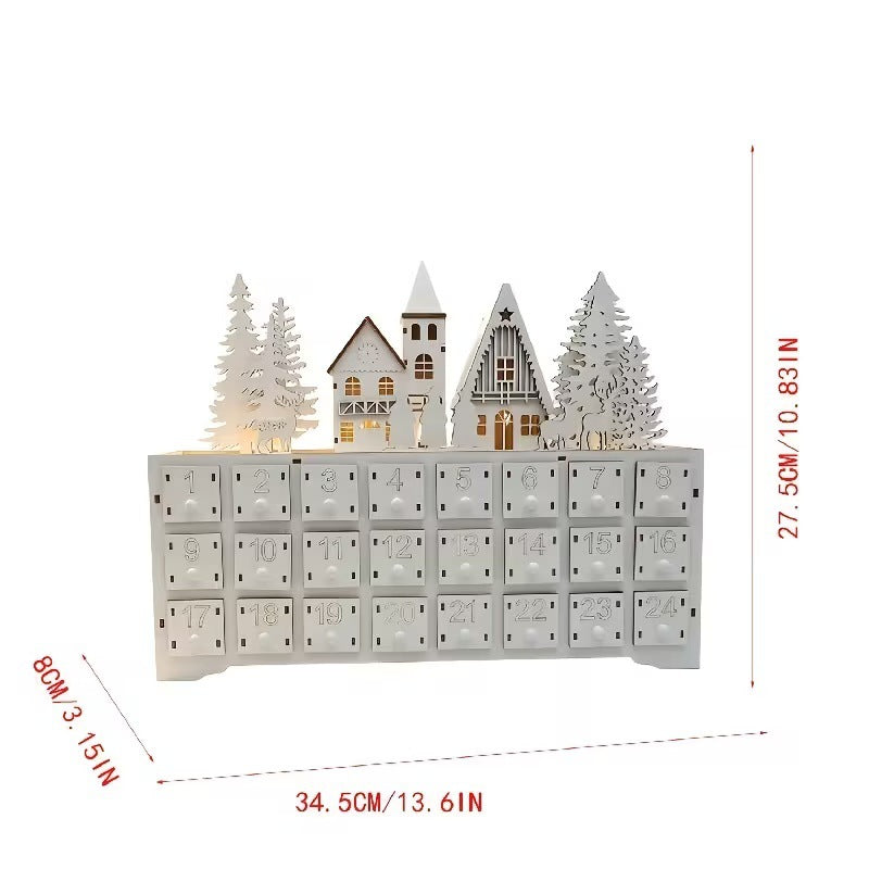 Illuminated wooden Advent calendar in village design