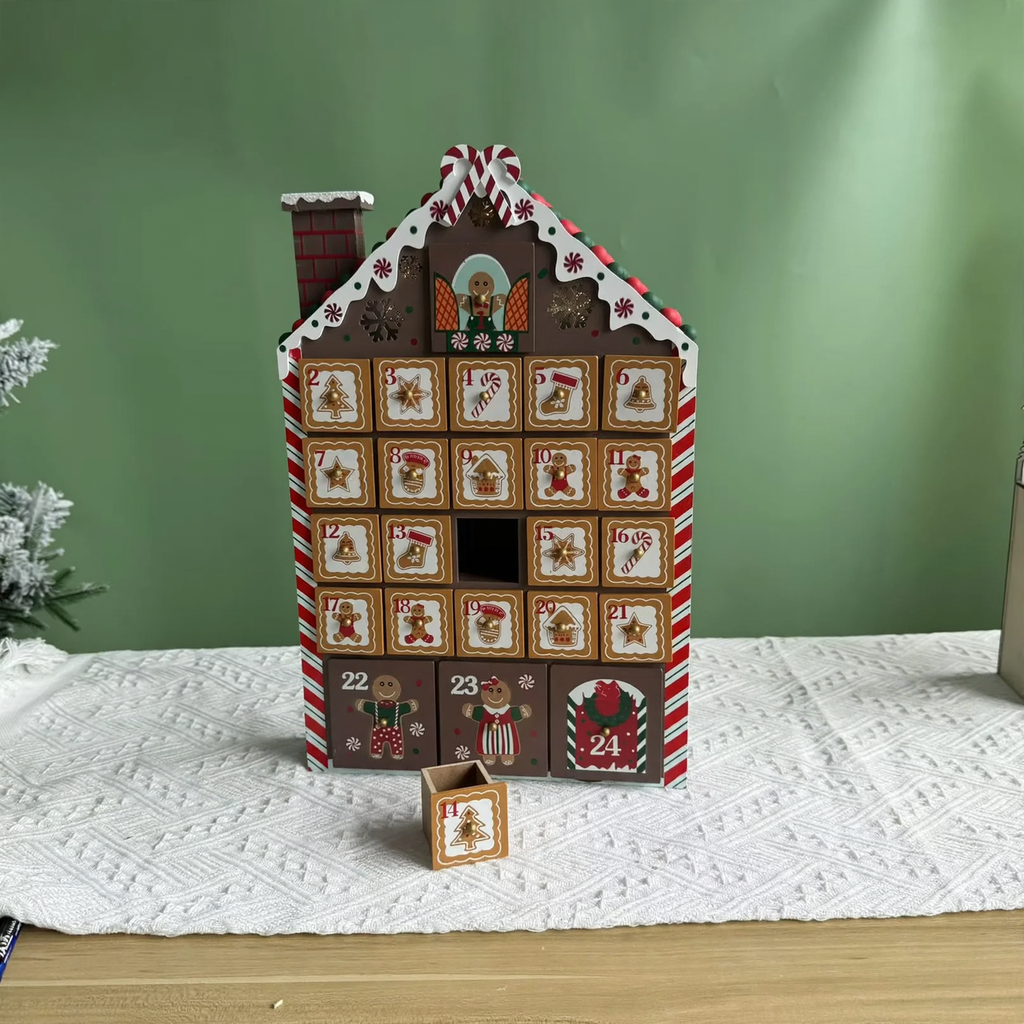 LED Advent Calendar made of Wood, Gingerbread House Design
