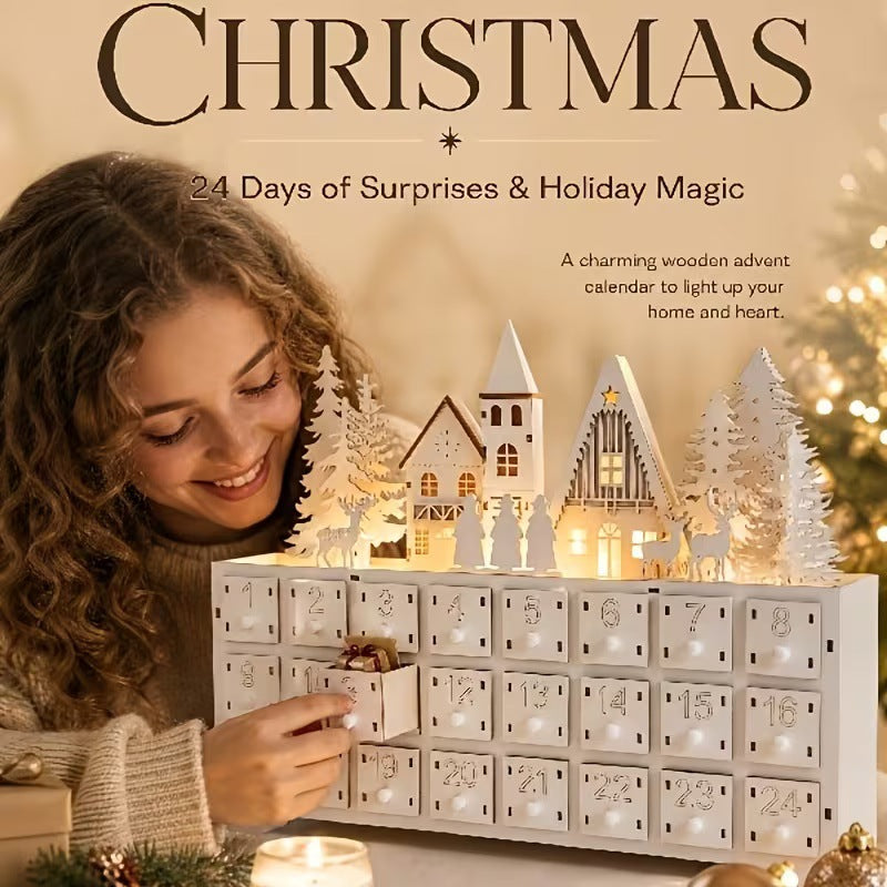 Illuminated wooden Advent calendar in village design