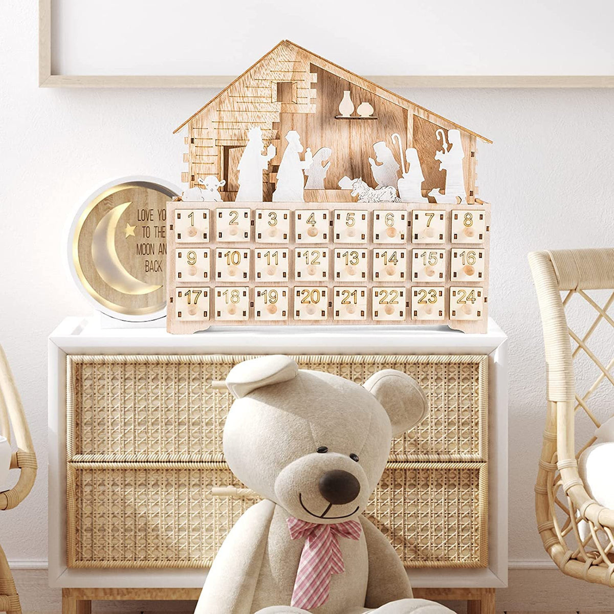 LED Advent Calendar Made of Wood, Nativity Scene