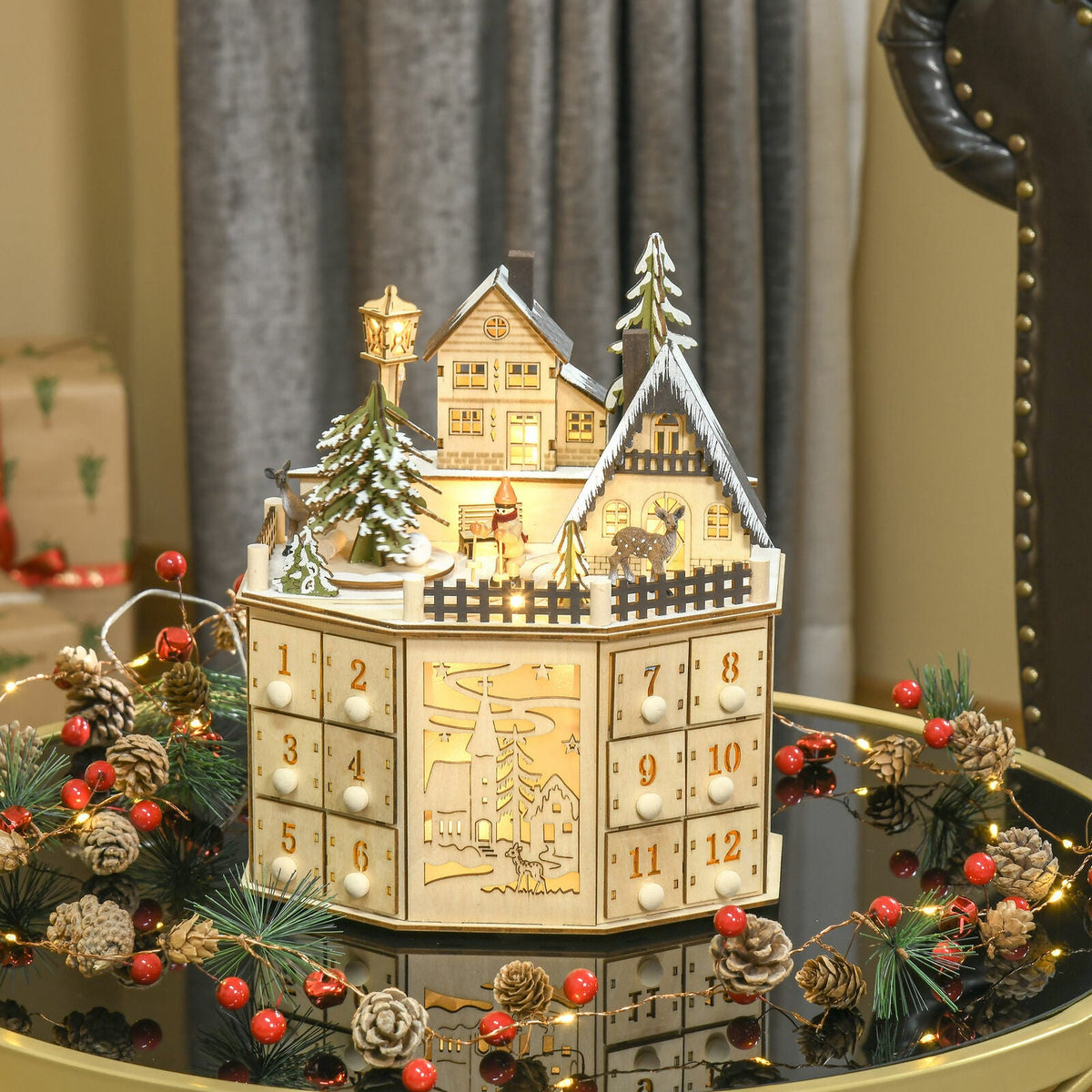 Wooden Advent calendar with music and village scene
