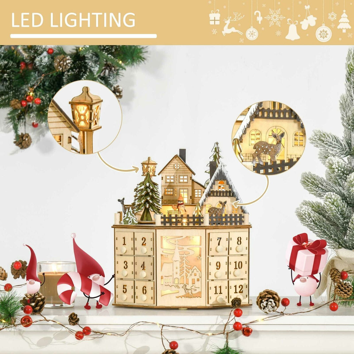 Wooden Advent calendar with music and village scene