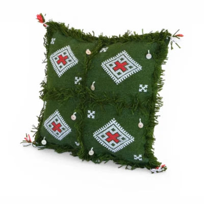Olive Green Moroccan Berber Wool Pillow – Khenifra Tribal | 12×12 in