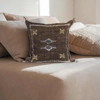 Midnight Brown Moroccan Sabra Silk Pillow Cover – Tazenakht Desert Diamond | 19×18 | Handwoven