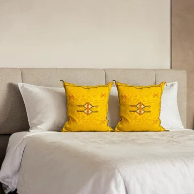 Saffron Yellow Moroccan Sabra Silk Pillow Cover – Tazenakht Sun Medallion | 19×18 | Handwoven
