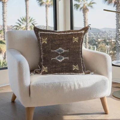 Midnight Brown Moroccan Sabra Silk Pillow Cover – Tazenakht Desert Diamond | 19×18 | Handwoven