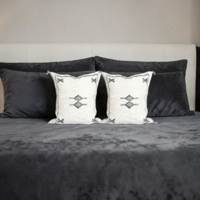 White Moroccan Sabra Silk Pillow Cover 18×16 | Black Berber