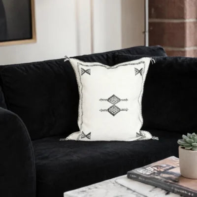 White Moroccan Sabra Silk Pillow Cover 18×16 | Black Berber