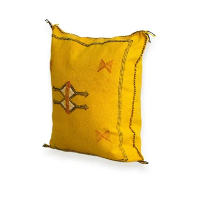 Saffron Yellow Moroccan Sabra Silk Pillow Cover – Tazenakht Sun Medallion | 19×18 | Handwoven