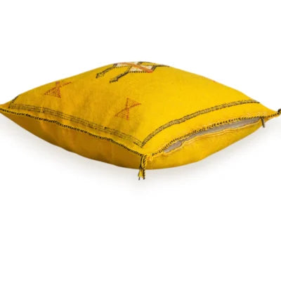 Saffron Yellow Moroccan Sabra Silk Pillow Cover – Tazenakht Sun Medallion | 19×18 | Handwoven
