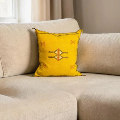 Saffron Yellow Moroccan Sabra Silk Pillow Cover – Tazenakht Sun Medallion | 19×18 | Handwoven