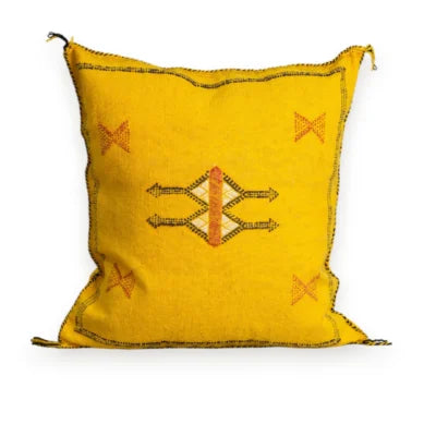 Saffron Yellow Moroccan Sabra Silk Pillow Cover – Tazenakht Sun Medallion | 19×18 | Handwoven