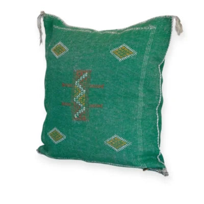 Emerald Green Moroccan Sabra Silk Pillow Cover – Tazenakht Sun Medallion | 20×20 | Handwoven