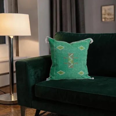 Emerald Green Moroccan Sabra Silk Pillow Cover – Tazenakht Sun Medallion | 20×20 | Handwoven