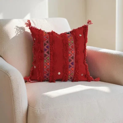 Red Berber Moroccan Wool Pillow – Khenifra Bridal Tradition | 12×12 in