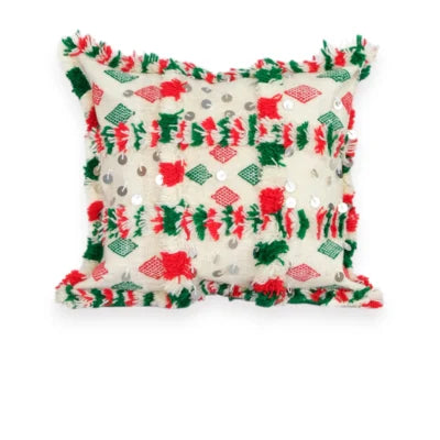 Festive Red & Emerald Moroccan Berber Wool Pillow – Khenifra Bridal Handira | 12×12 in