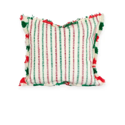 Festive Red & Emerald Moroccan Berber Wool Pillow – Khenifra Bridal Handira | 12×12 in
