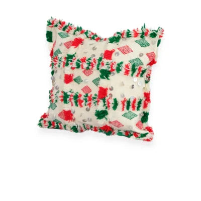 Festive Red & Emerald Moroccan Berber Wool Pillow – Khenifra Bridal Handira | 12×12 in