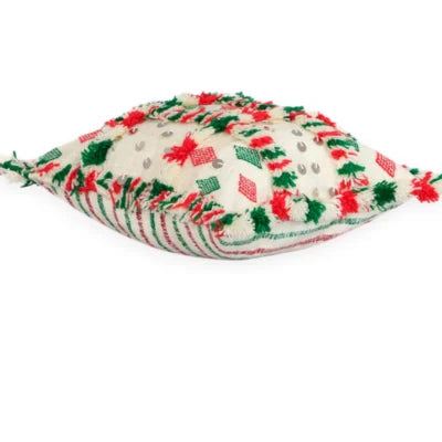 Festive Red & Emerald Moroccan Berber Wool Pillow – Khenifra Bridal Handira | 12×12 in