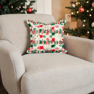 Festive Red & Emerald Moroccan Berber Wool Pillow – Khenifra Bridal Handira | 12×12 in
