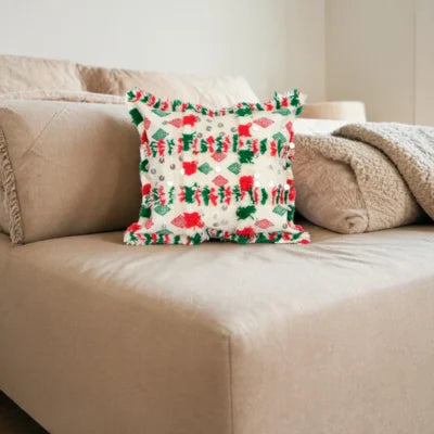 Festive Red & Emerald Moroccan Berber Wool Pillow – Khenifra Bridal Handira | 12×12 in