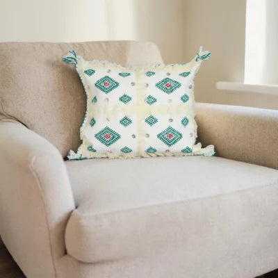 Emerald Diamond Moroccan Berber Wool Pillow – Khenifra Bridal | 12×12 in