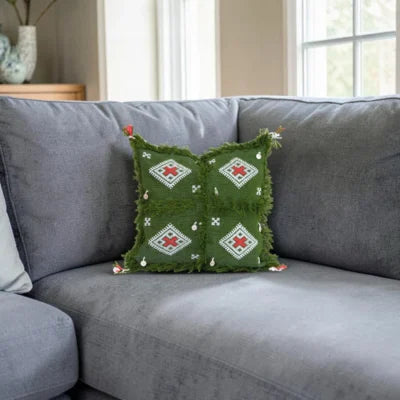Olive Green Moroccan Berber Wool Pillow – Khenifra Tribal | 12×12 in