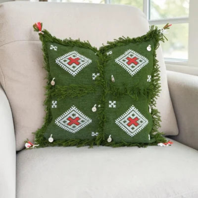 Olive Green Moroccan Berber Wool Pillow – Khenifra Tribal | 12×12 in