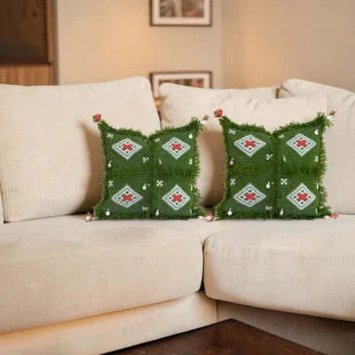 Olive Green Moroccan Berber Wool Pillow – Khenifra Tribal | 12×12 in