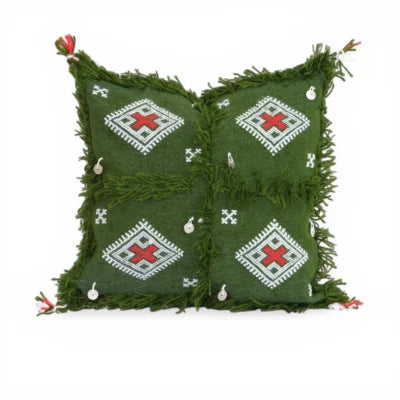 Olive Green Moroccan Berber Wool Pillow – Khenifra Tribal | 12×12 in