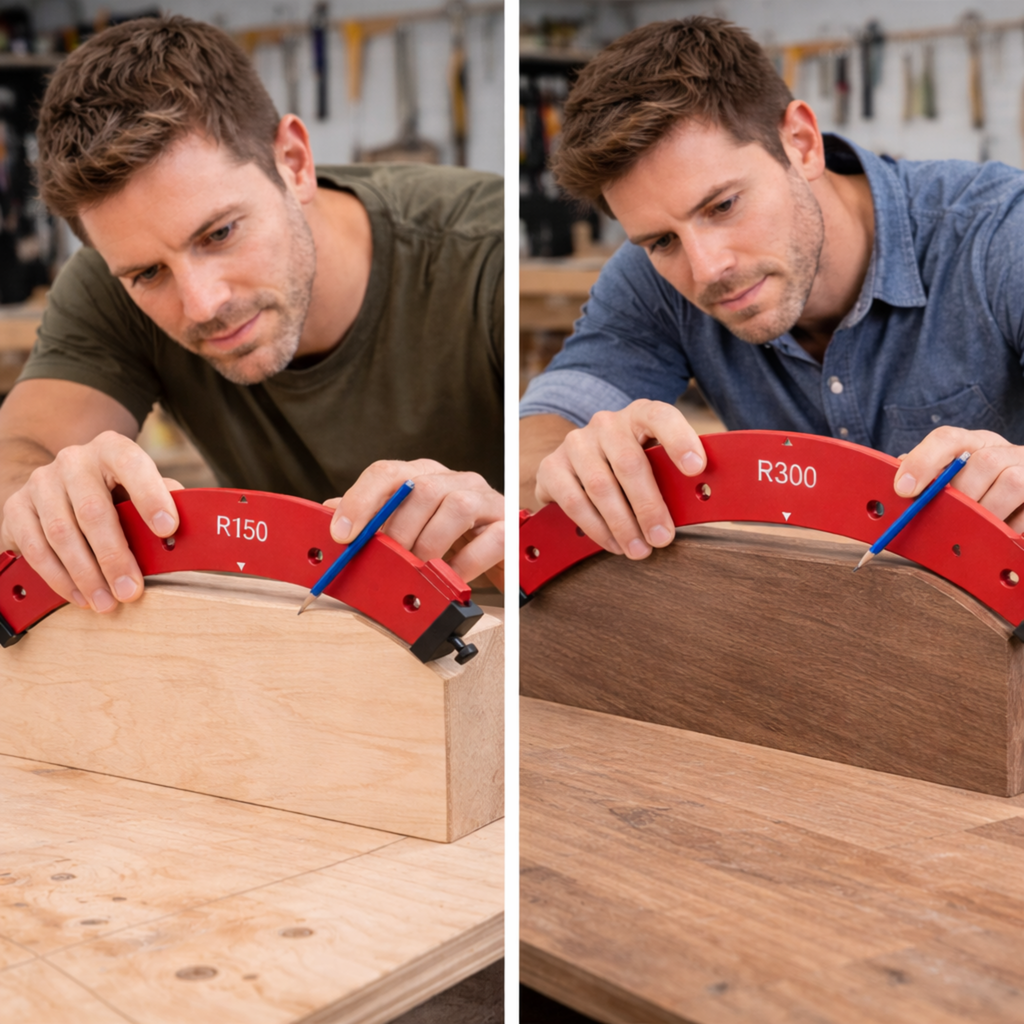 Woodworking Router Radius Template Jig – R100 to R300 Arc Angle Positioning Guide Reusable Corner Tool