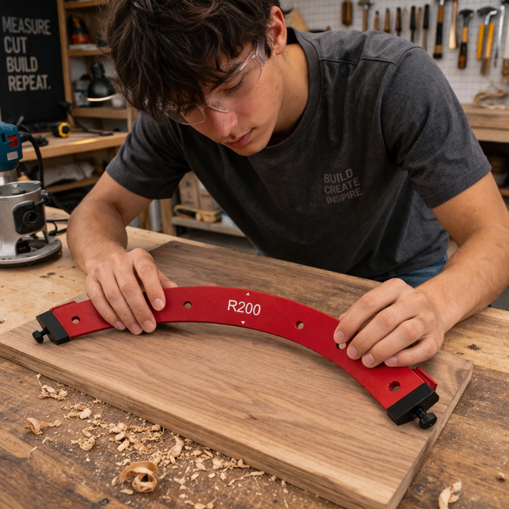 Woodworking Router Radius Template Jig – R100 to R300 Arc Angle Positioning Guide Reusable Corner Tool