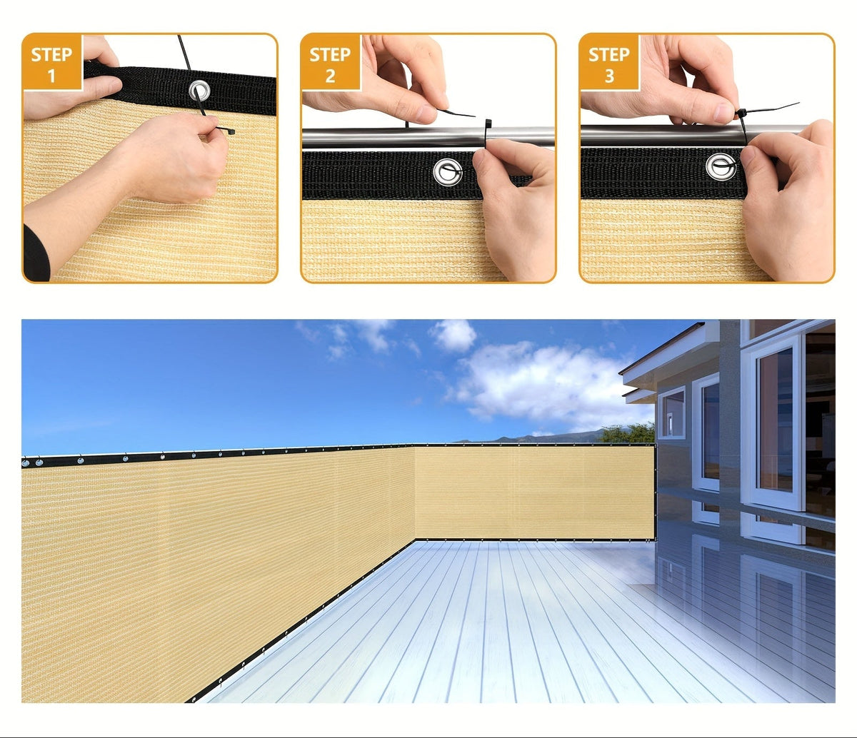 Privacy Fence Screen - 5.9 ft x 49.2 ft Beige Windscreen Mesh, Up to 90% Shade, Grommets on Both Long Edges for Patio, Balcony & Backyard