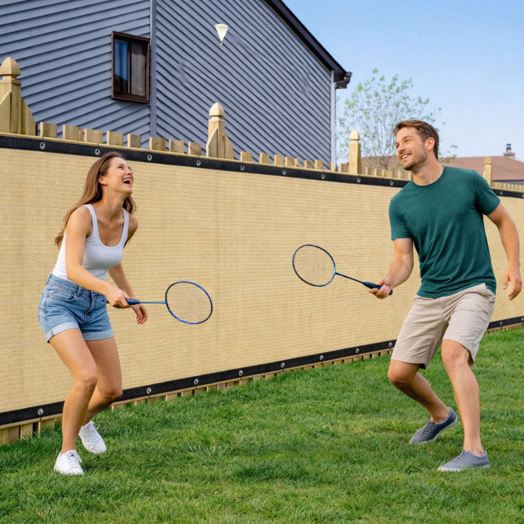 Privacy Fence Screen - 5.9 ft x 49.2 ft Beige Windscreen Mesh, Up to 90% Shade, Grommets on Both Long Edges for Patio, Balcony & Backyard