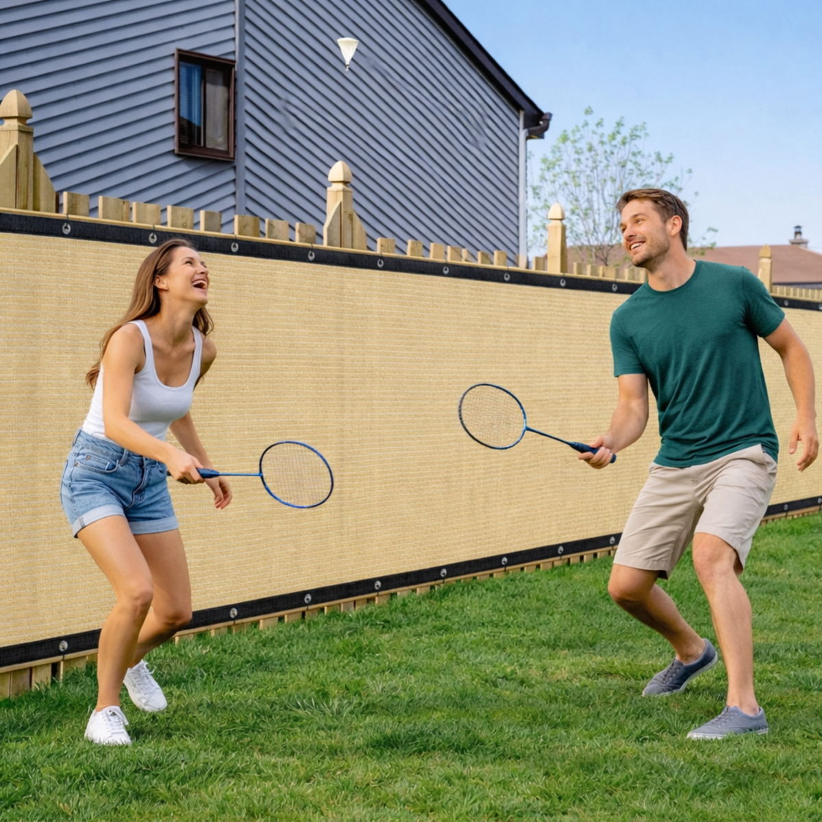 Privacy Fence Screen - 5.9 ft x 49.2 ft Beige Windscreen Mesh, Up to 90% Shade, Grommets on Both Long Edges for Patio, Balcony & Backyard