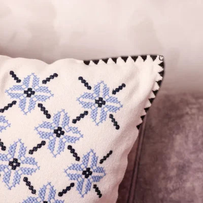 Luxury Fassi Embroidered Pillow Cover 20×20 | Ivory & Blue All-Over Star Pattern, Lined Heirloom Cushion