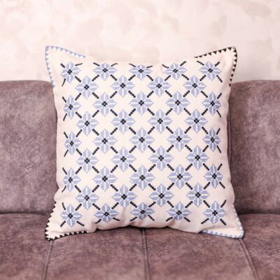 Luxury Fassi Embroidered Pillow Cover 20×20 | Ivory & Blue All-Over Star Pattern, Lined Heirloom Cushion