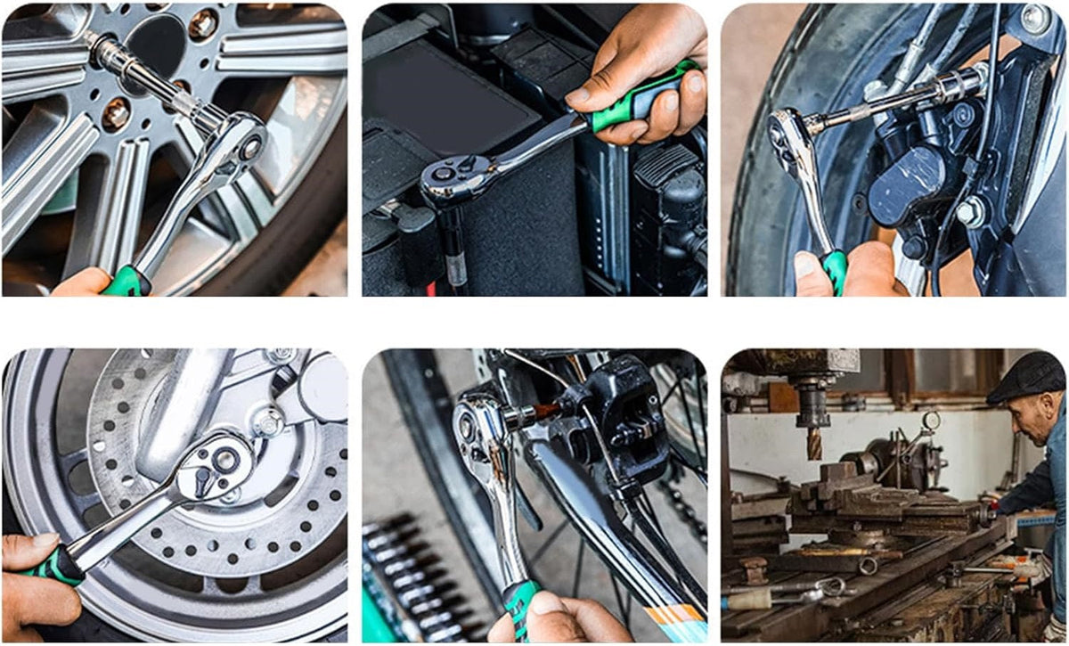 CRV Ratchet Spanner Socket Wrench Set – 1/4" 3/8" 1/2" Automotive Mechanic Tool Kit for Garage DIY Repair